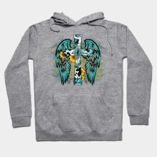 Turquoise Cross With Wings and Blue and Gold Background Hoodie